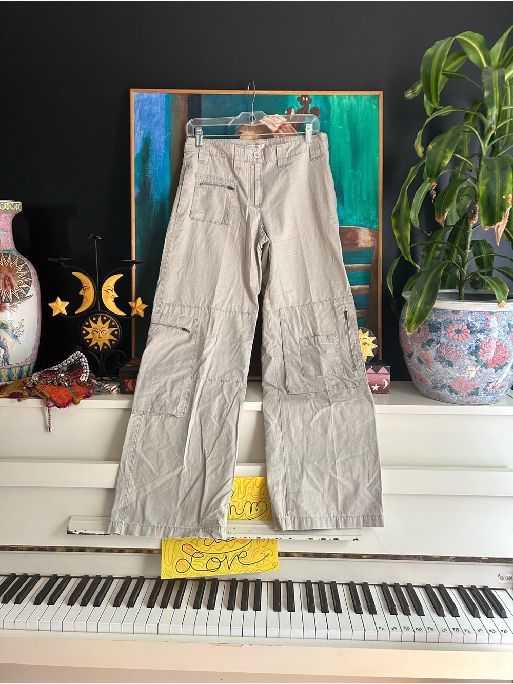 Vintage Y2K Beige Wide Leg Cargo Pants Multiple Pocket Utility Pants